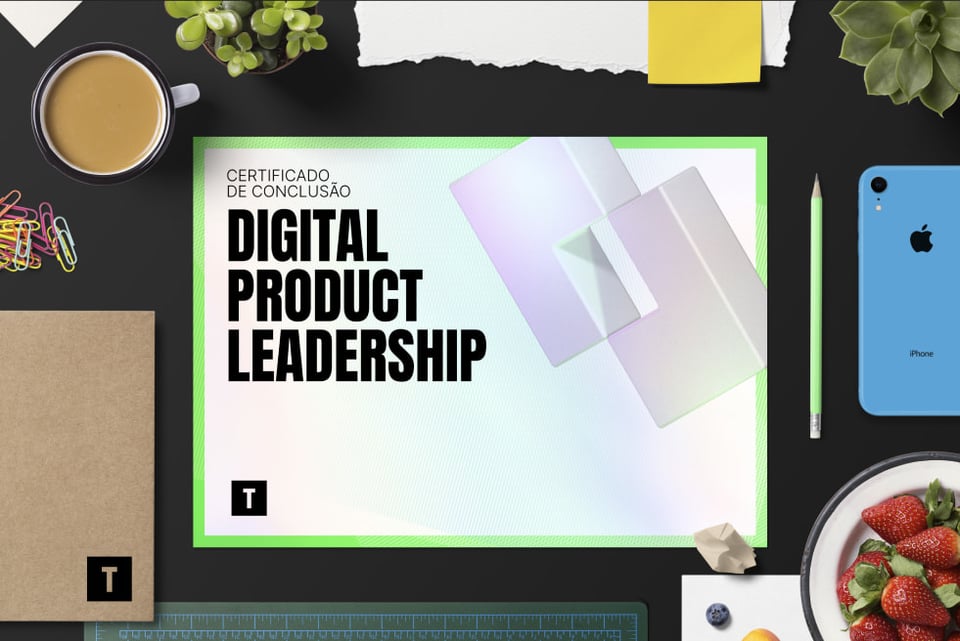 Um certificado de conclusão de curso com as palavras 'Digital Product Leadership' escritas em um tamanho grande.